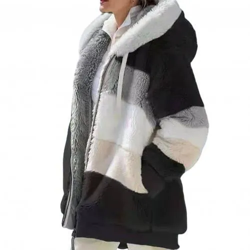 Plus Size Women  Long Sleeve Color Block Zipper Fluff Hooded Warm Coat Jacket