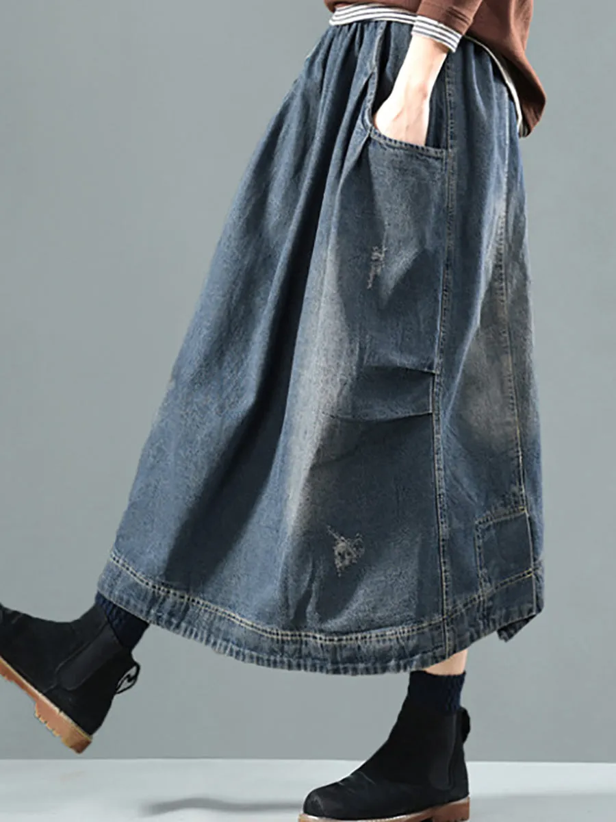 Plus Size Women Retro Fade Pocket Elastic Waist Denim Skirt
