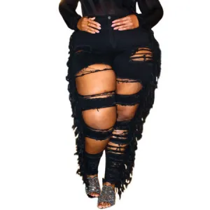 Plus-size Women's Distressed Pencil Jeans Black Skinny Jeans