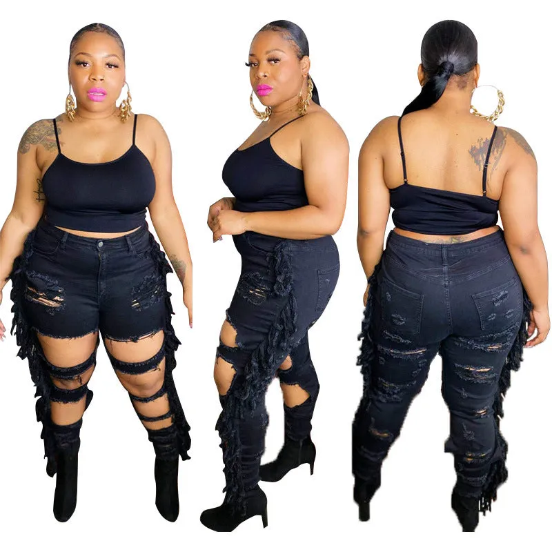 Plus-size Women's Distressed Pencil Jeans Black Skinny Jeans