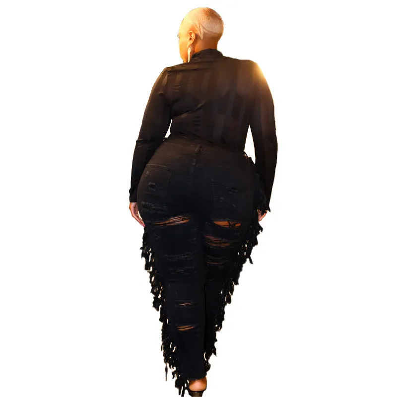 Plus-size Women's Distressed Pencil Jeans Black Skinny Jeans