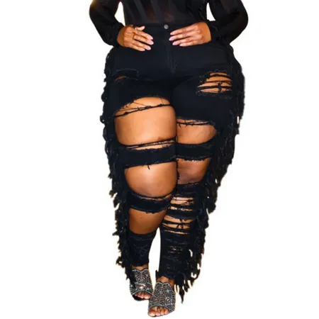 Plus-size Women's Distressed Pencil Jeans Black Skinny Jeans