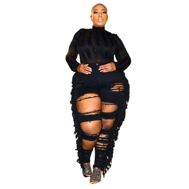 Plus-size Women's Distressed Pencil Jeans Black Skinny Jeans