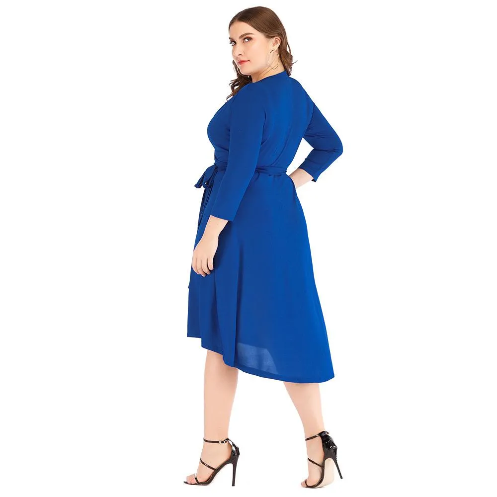 Plus Sizes V Neck Blue Women Fall Dresses