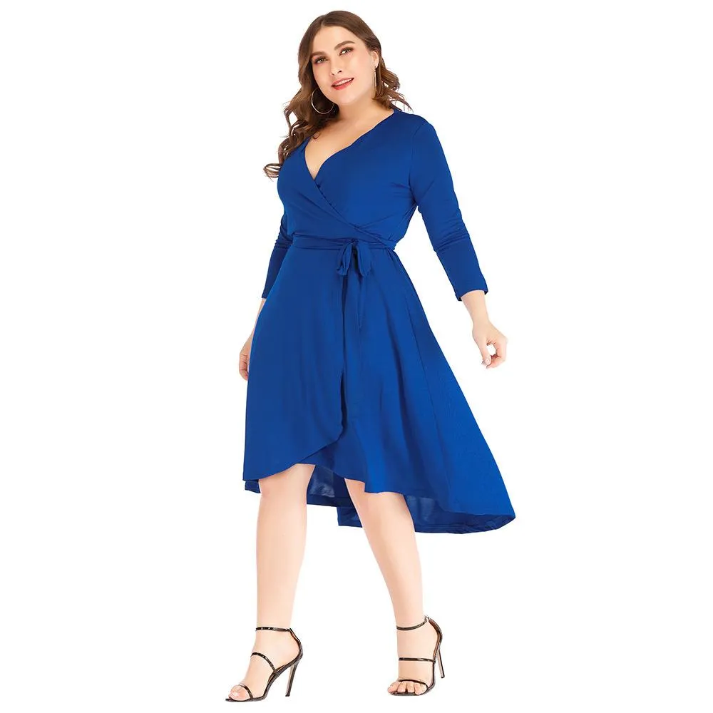 Plus Sizes V Neck Blue Women Fall Dresses