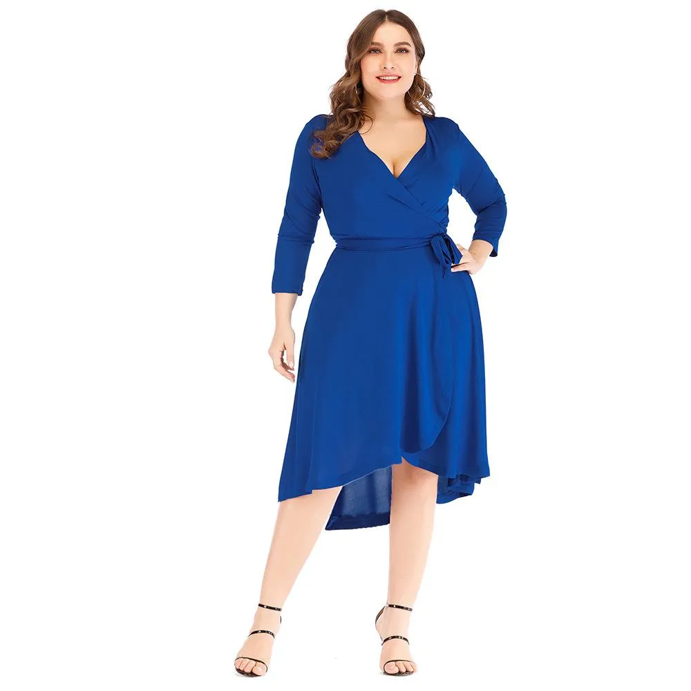 Plus Sizes V Neck Blue Women Fall Dresses