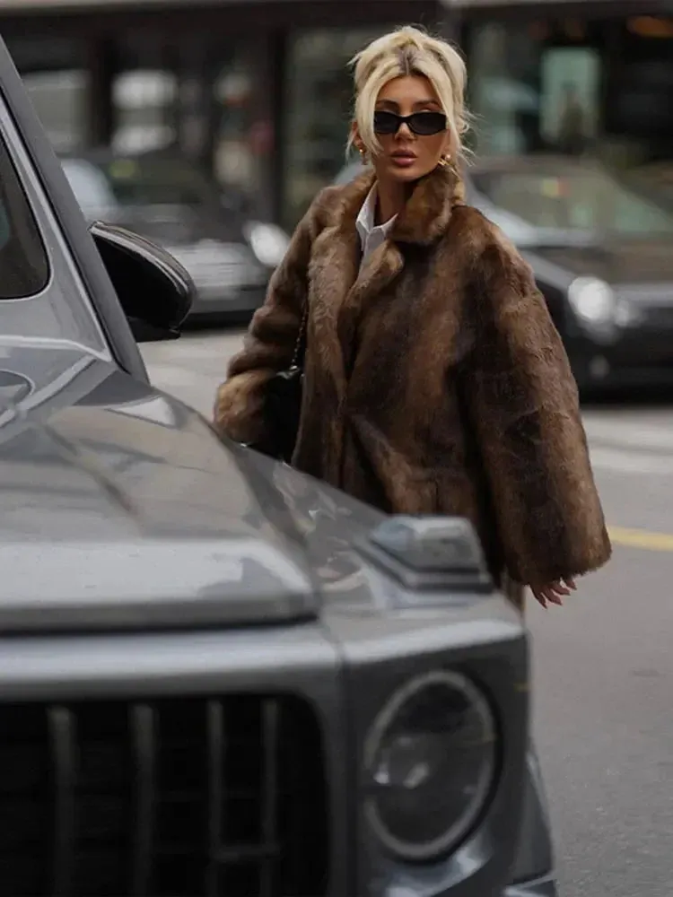 PlushElegance-Women's Dark Brown Faux Fur Overcoat