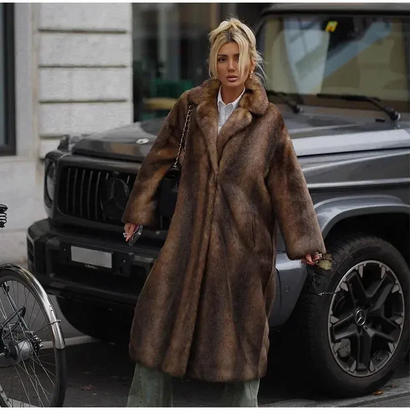 PlushElegance-Women's Dark Brown Faux Fur Overcoat