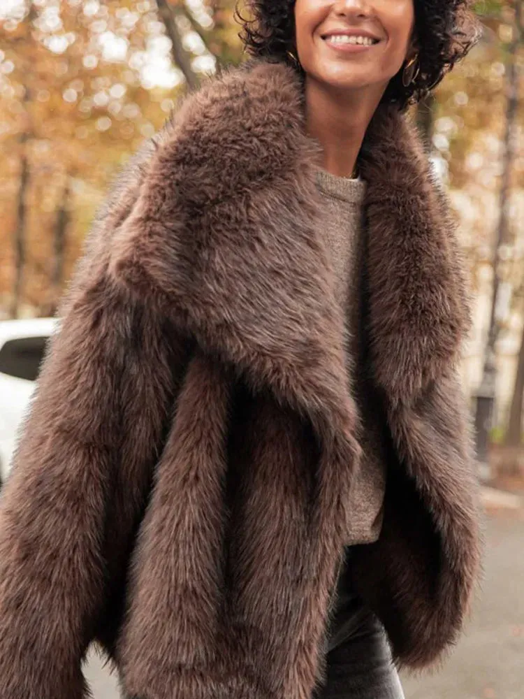 PlushElegance-Women's Dark Brown Faux Fur Overcoat