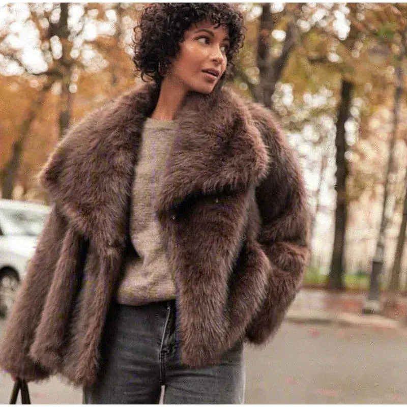 PlushElegance-Women's Dark Brown Faux Fur Overcoat