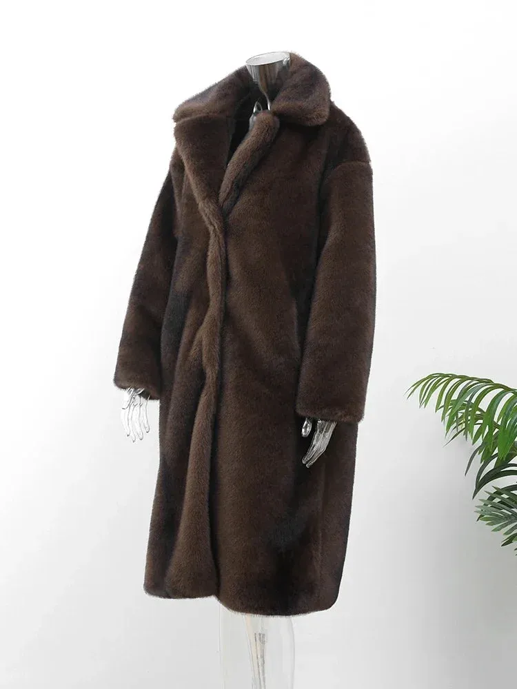 PlushElegance-Women's Dark Brown Faux Fur Overcoat