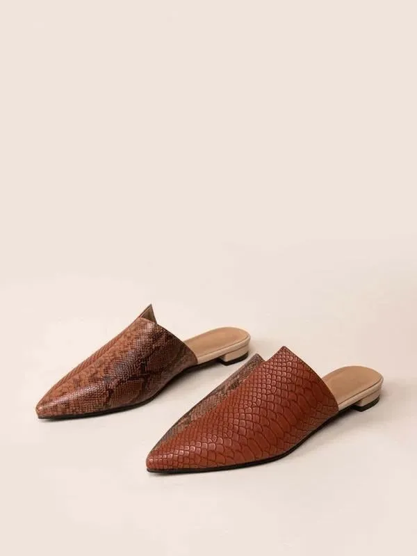 Point Toe Snakeskin Embossed Flat Mules Brown - Brown - FD ⚡