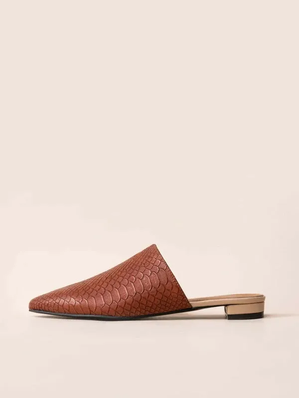Point Toe Snakeskin Embossed Flat Mules Brown - Brown - FD ⚡