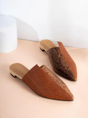 Point Toe Snakeskin Embossed Flat Mules Brown - Brown - FD ⚡
