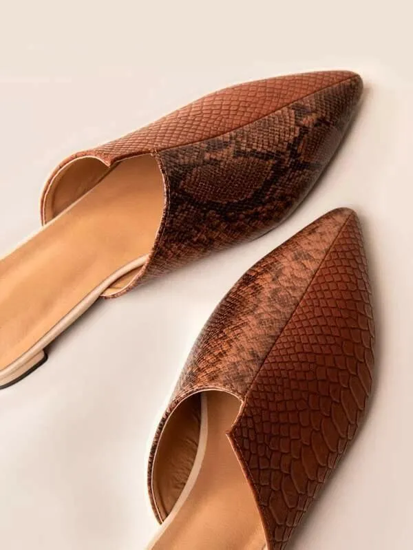 Point Toe Snakeskin Embossed Flat Mules Brown - Brown - FD ⚡