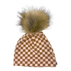 POM POM BEANIE - BLUSH CHECKERS