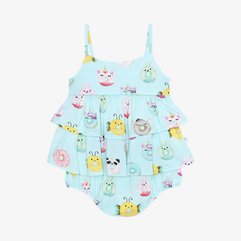 Posh Peanut Basic Ruffled Spaghetti Bubble Romper in Donuts