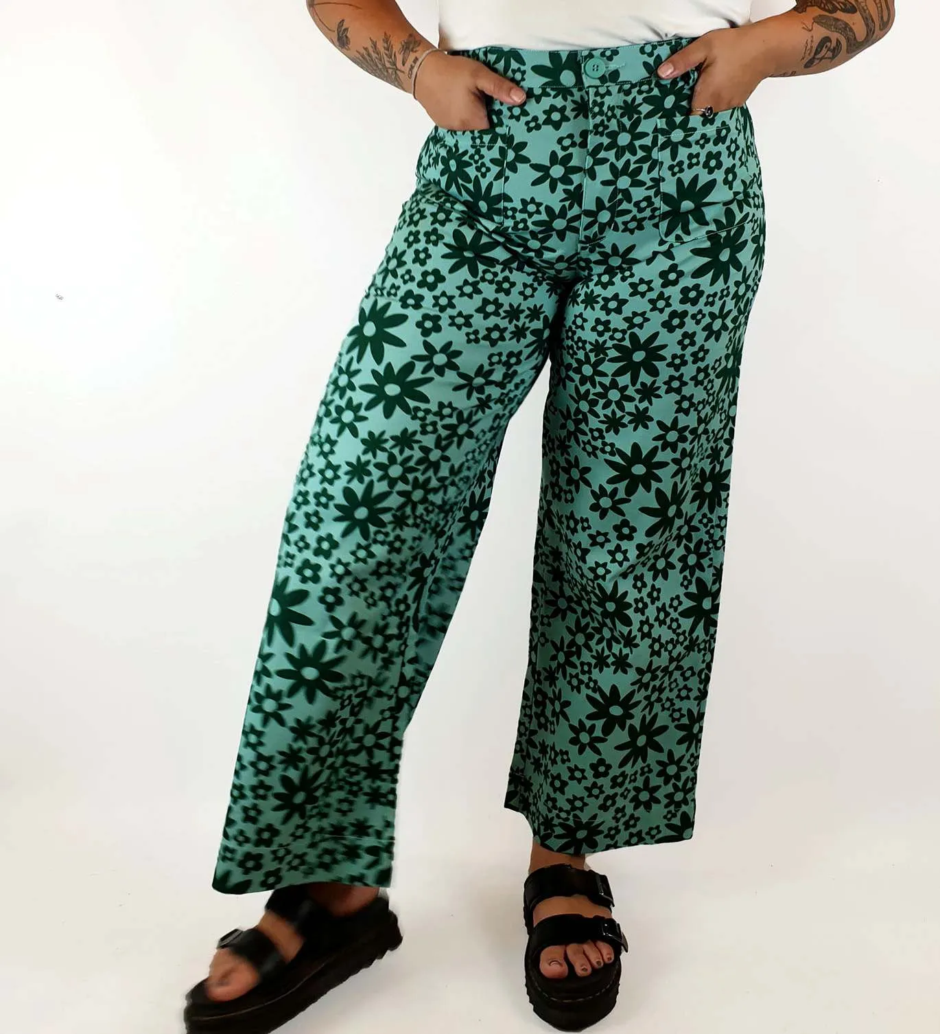 Princess Highway green flower print wide leg pants size 16