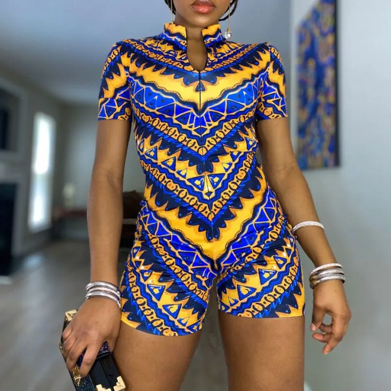 Print Short Sleeve Zipper Design Tie Romper