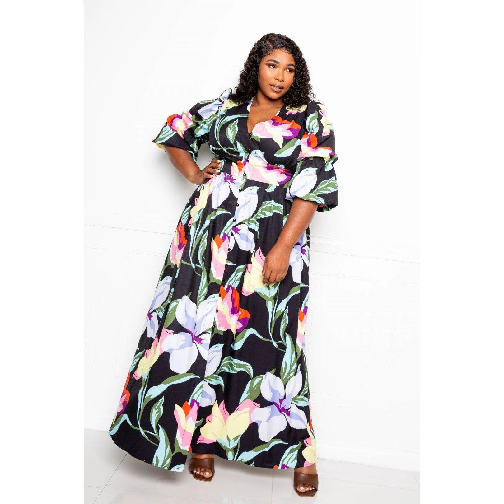 Puff Sleeve Button Front Dress