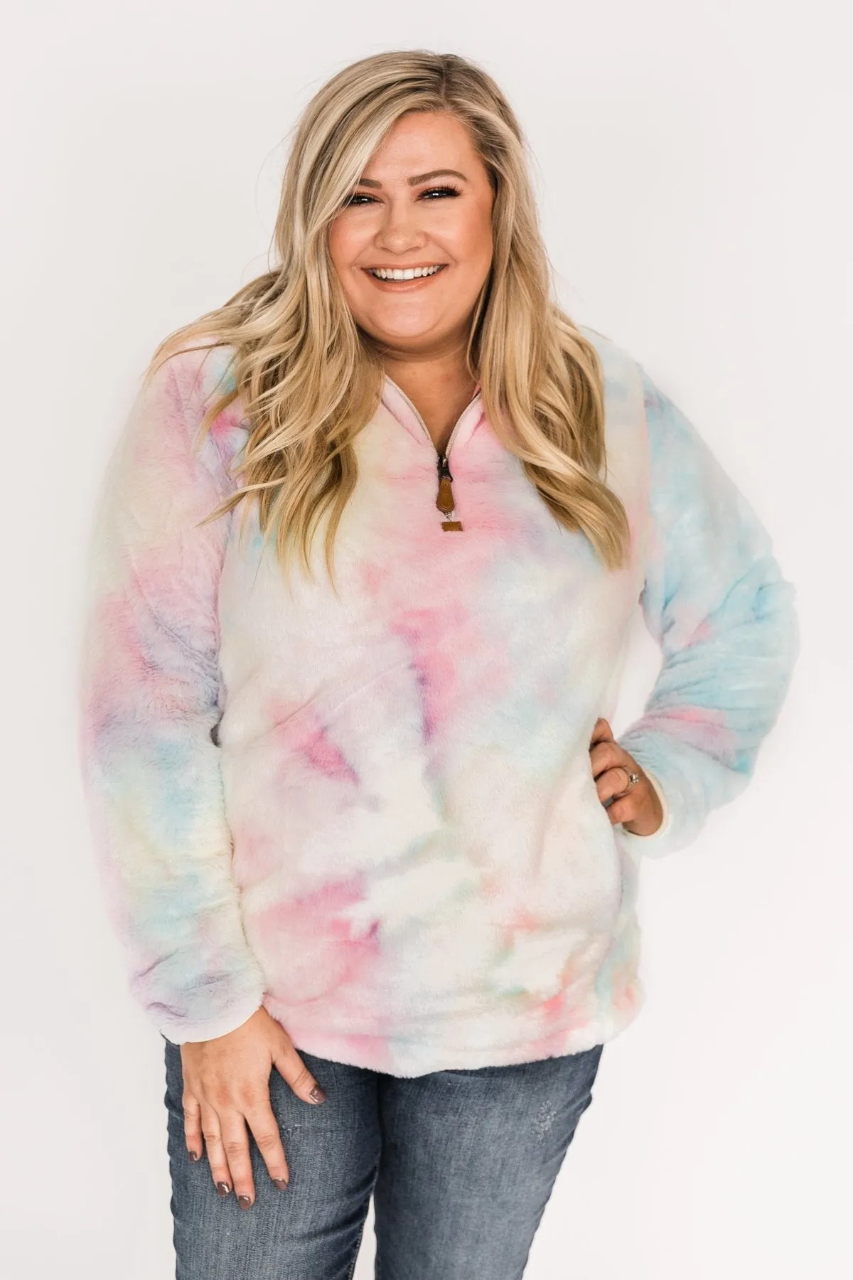 Quarter Zip Tie Dye Sherpa- Cotton Candy