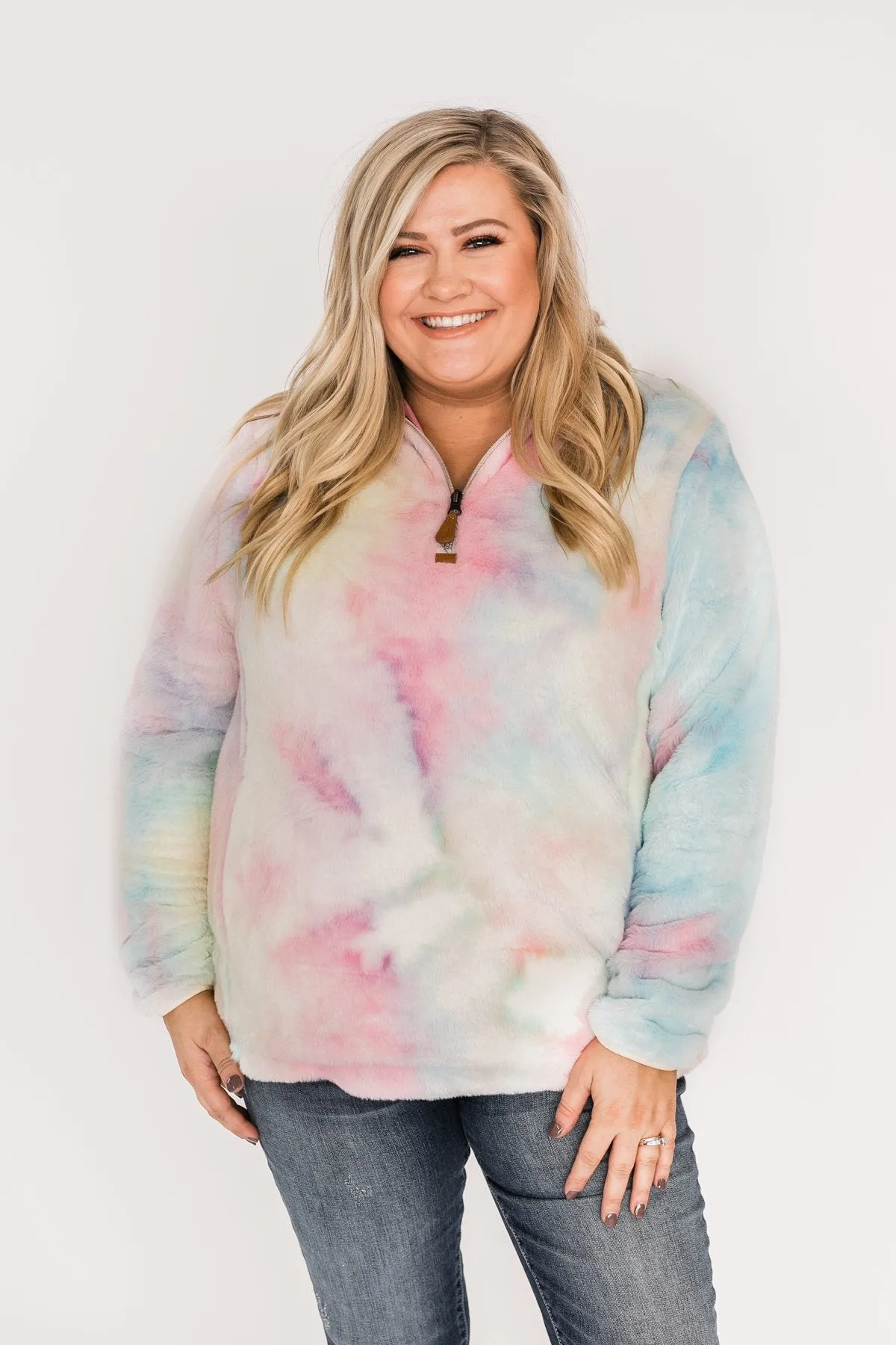 Quarter Zip Tie Dye Sherpa- Cotton Candy
