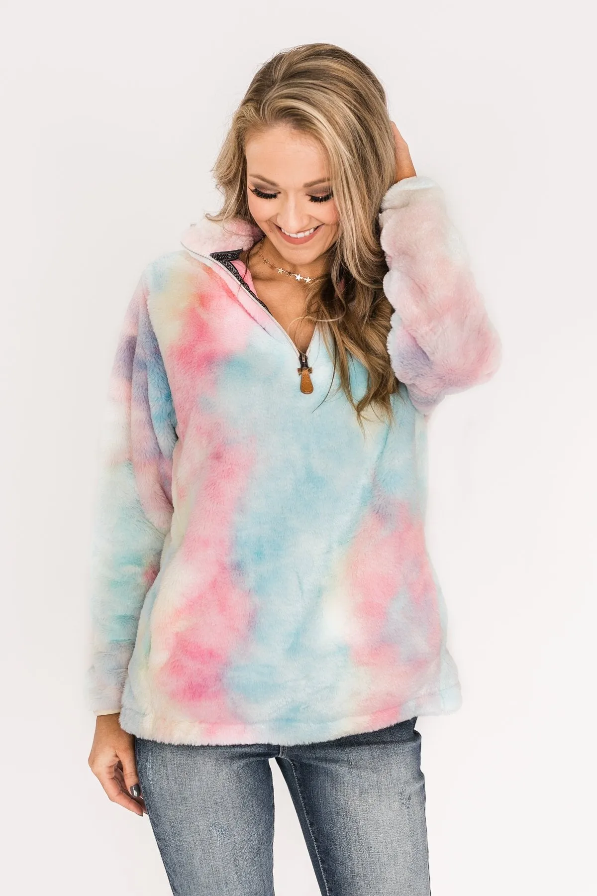 Quarter Zip Tie Dye Sherpa- Cotton Candy