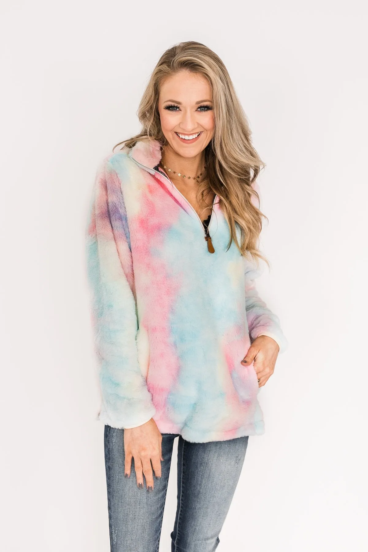 Quarter Zip Tie Dye Sherpa- Cotton Candy