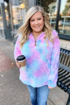 Quarter Zip Tie Dye Sherpa- Purple & Blue