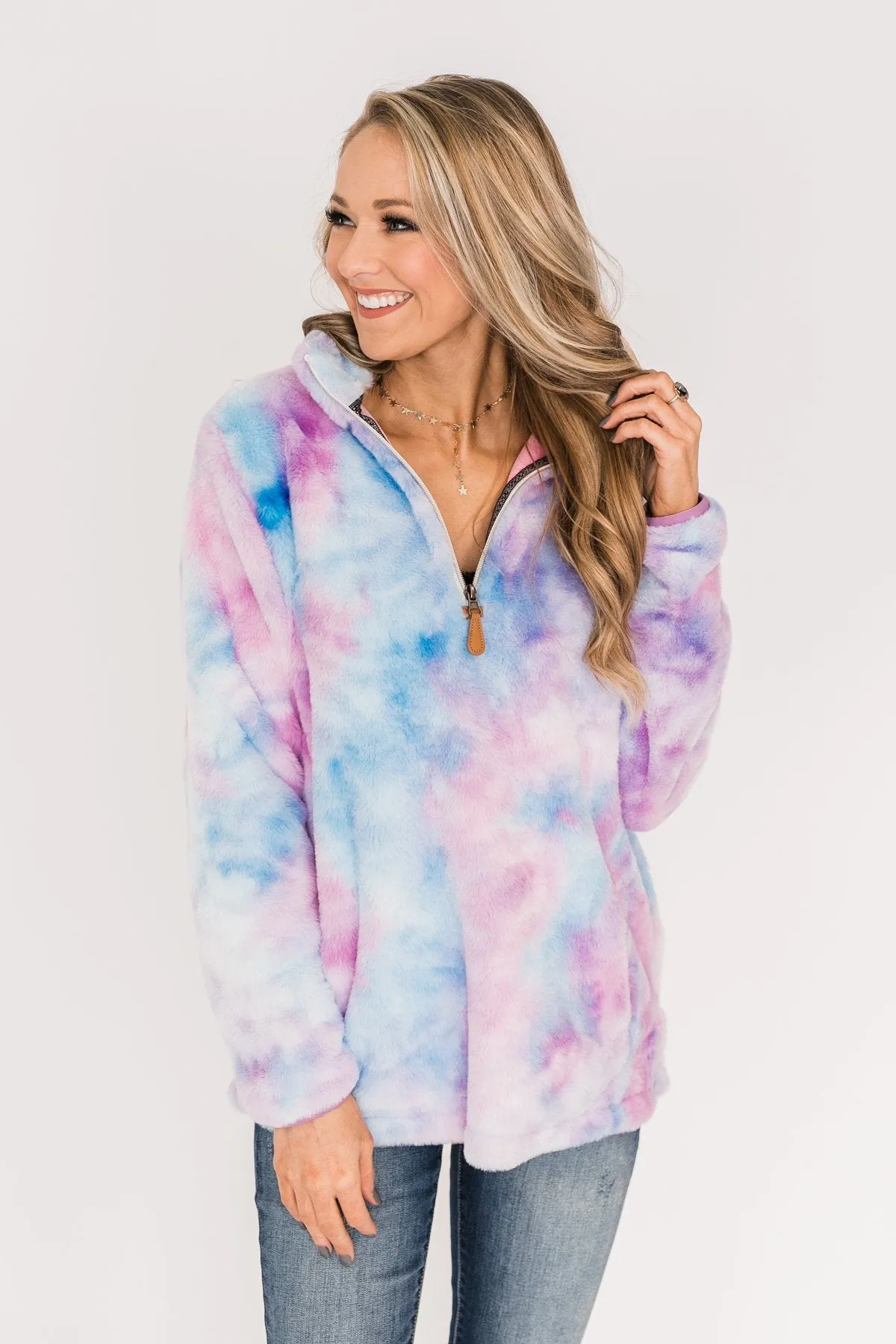 Quarter Zip Tie Dye Sherpa- Purple & Blue