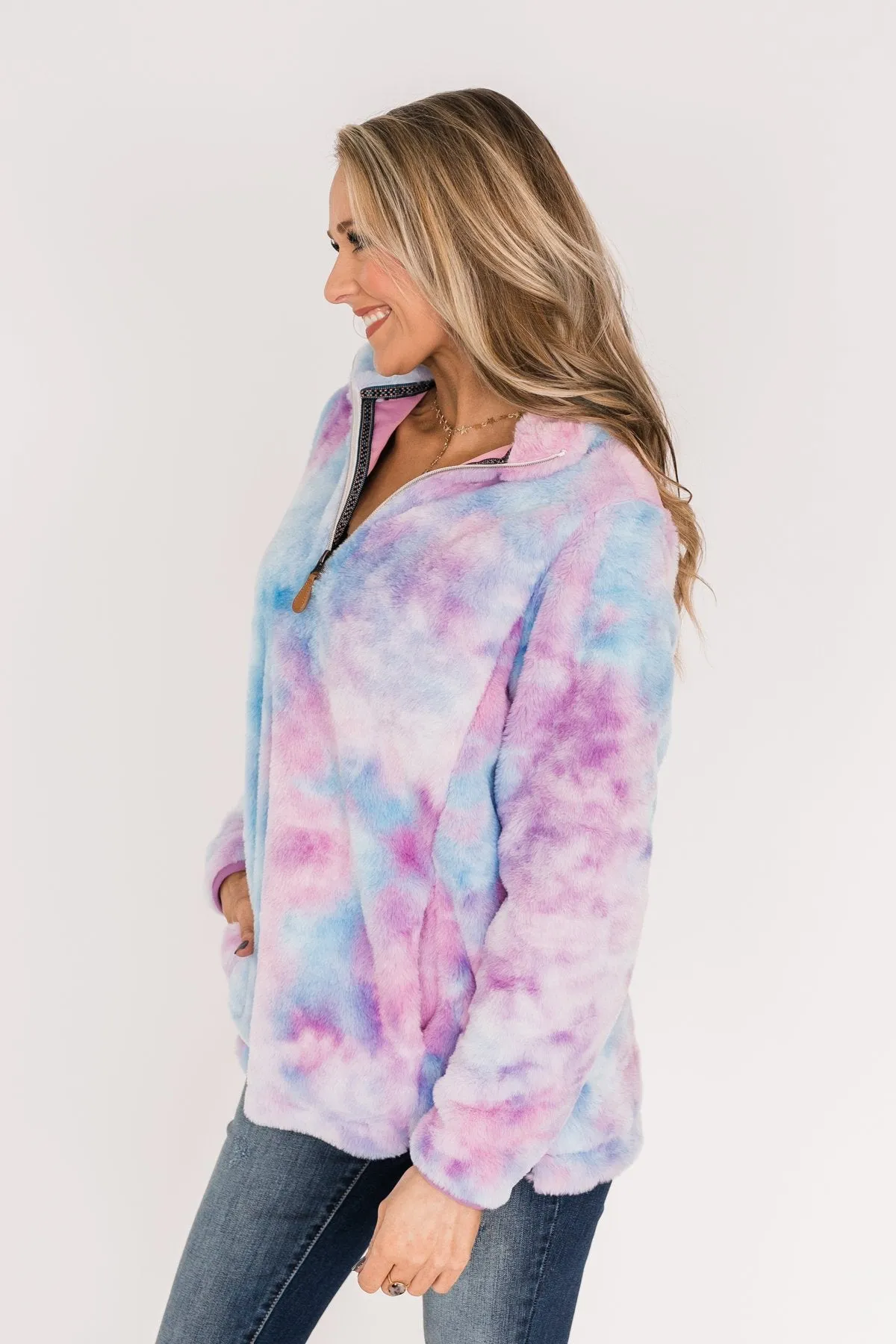 Quarter Zip Tie Dye Sherpa- Purple & Blue