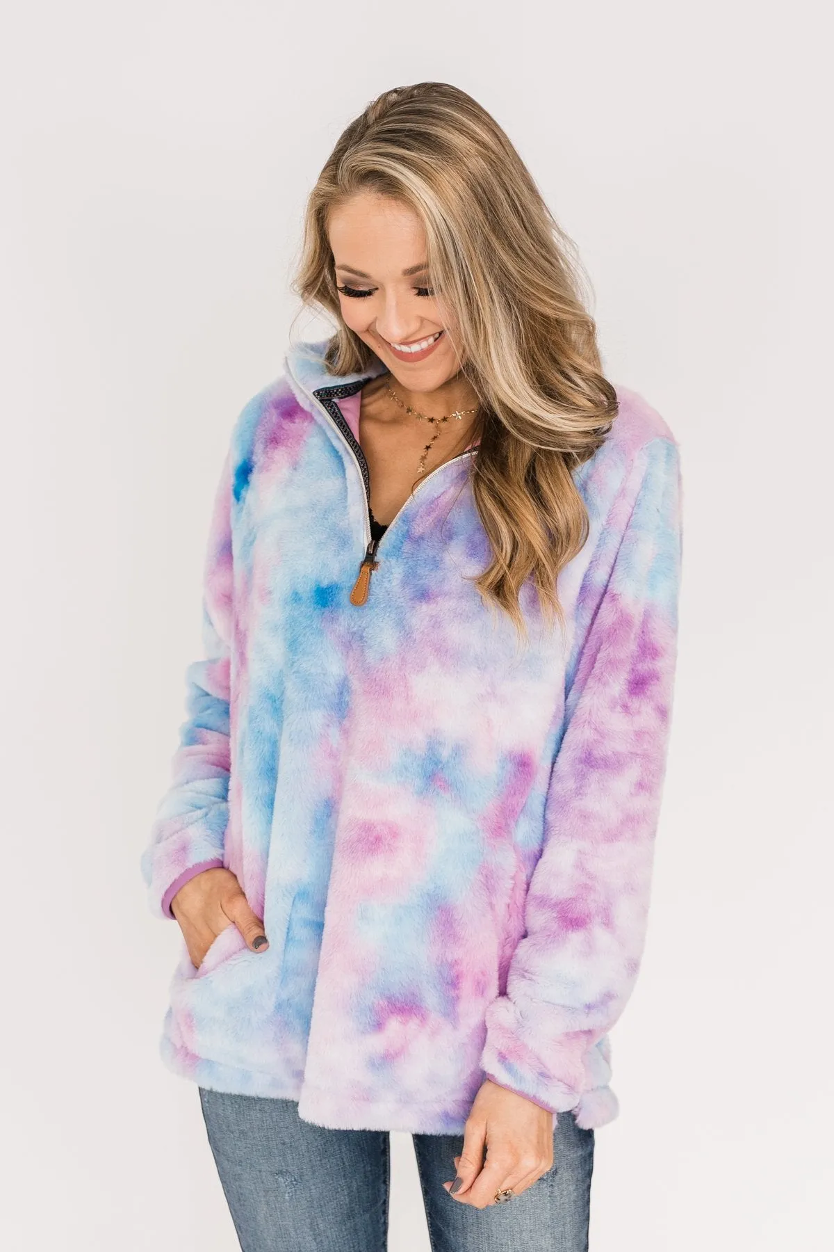 Quarter Zip Tie Dye Sherpa- Purple & Blue