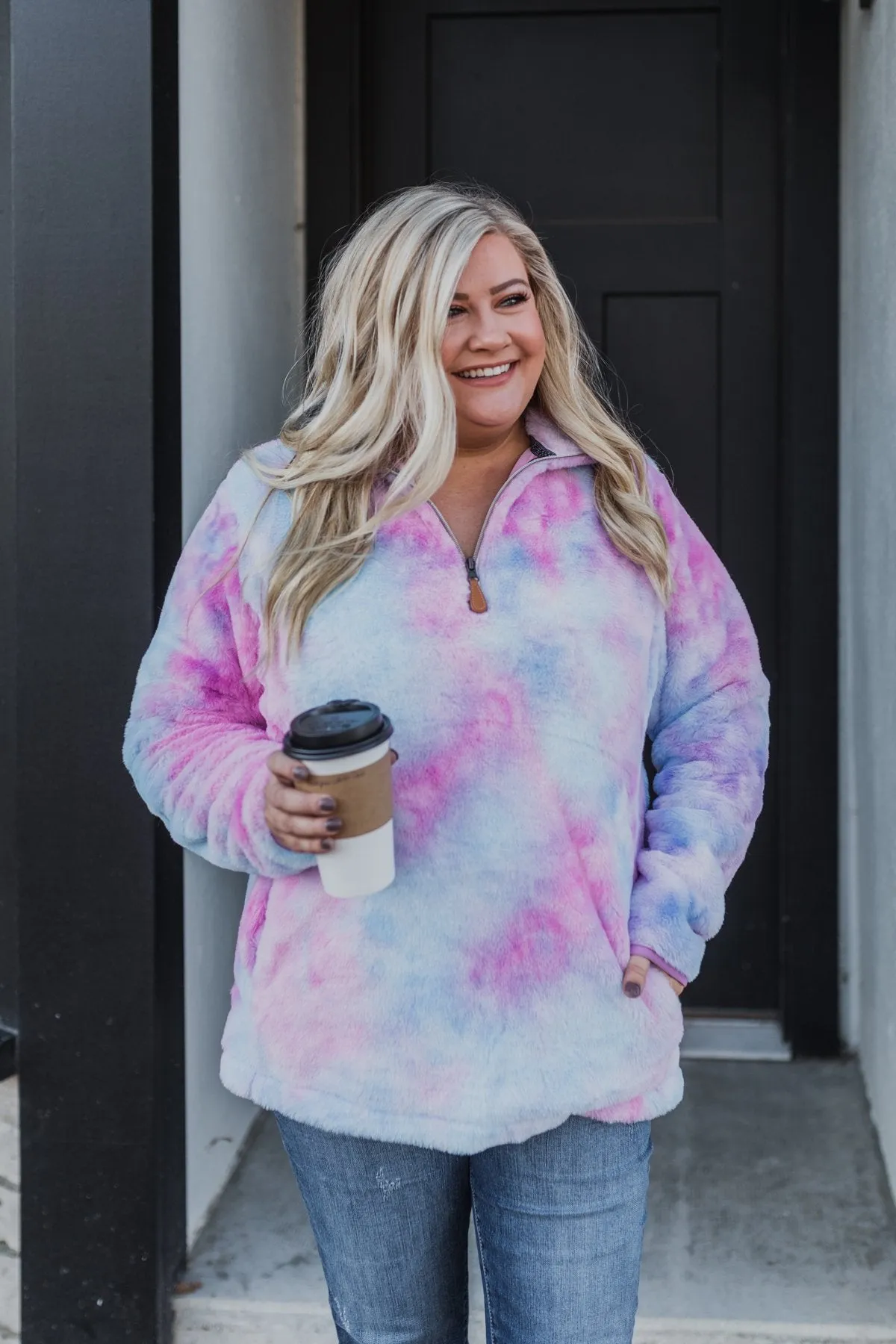 Quarter Zip Tie Dye Sherpa- Purple & Blue