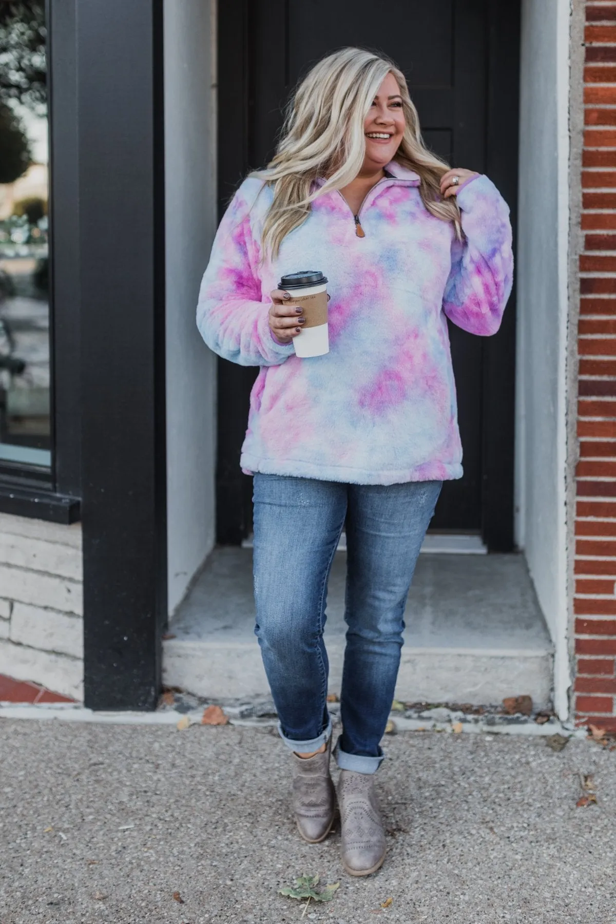 Quarter Zip Tie Dye Sherpa- Purple & Blue