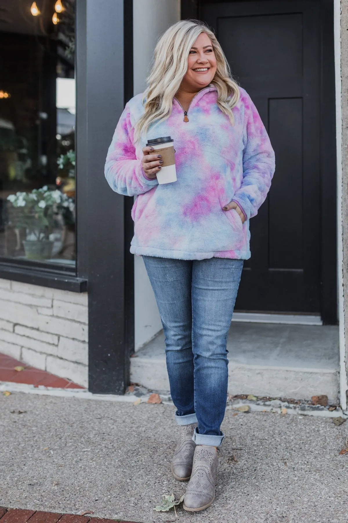 Quarter Zip Tie Dye Sherpa- Purple & Blue