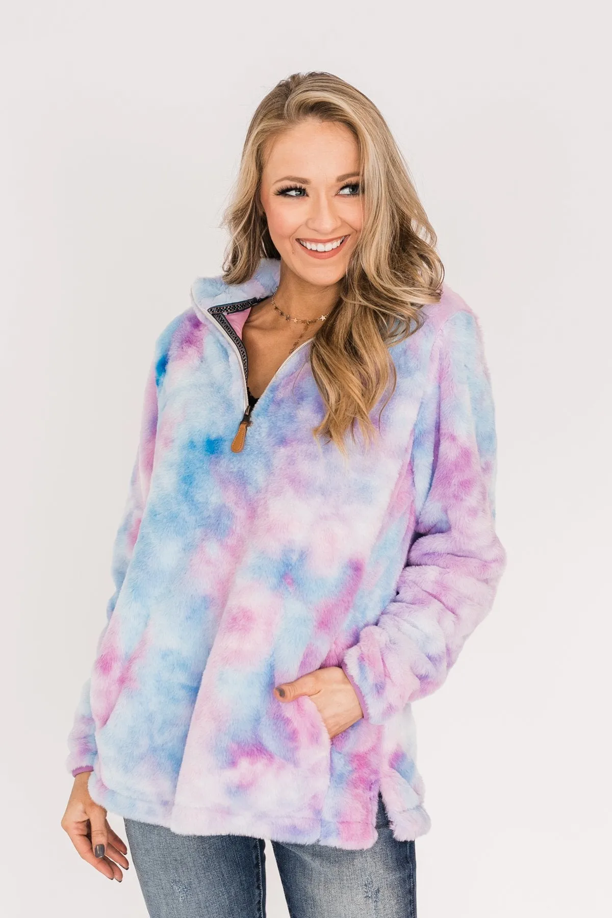 Quarter Zip Tie Dye Sherpa- Purple & Blue