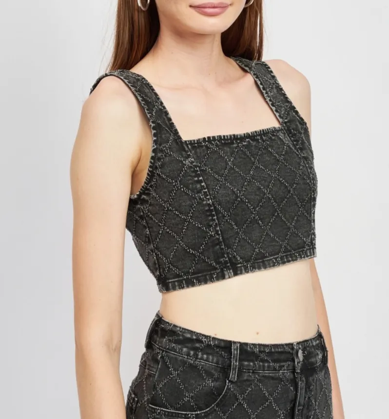 Quilt Stitched Denim Crop Top