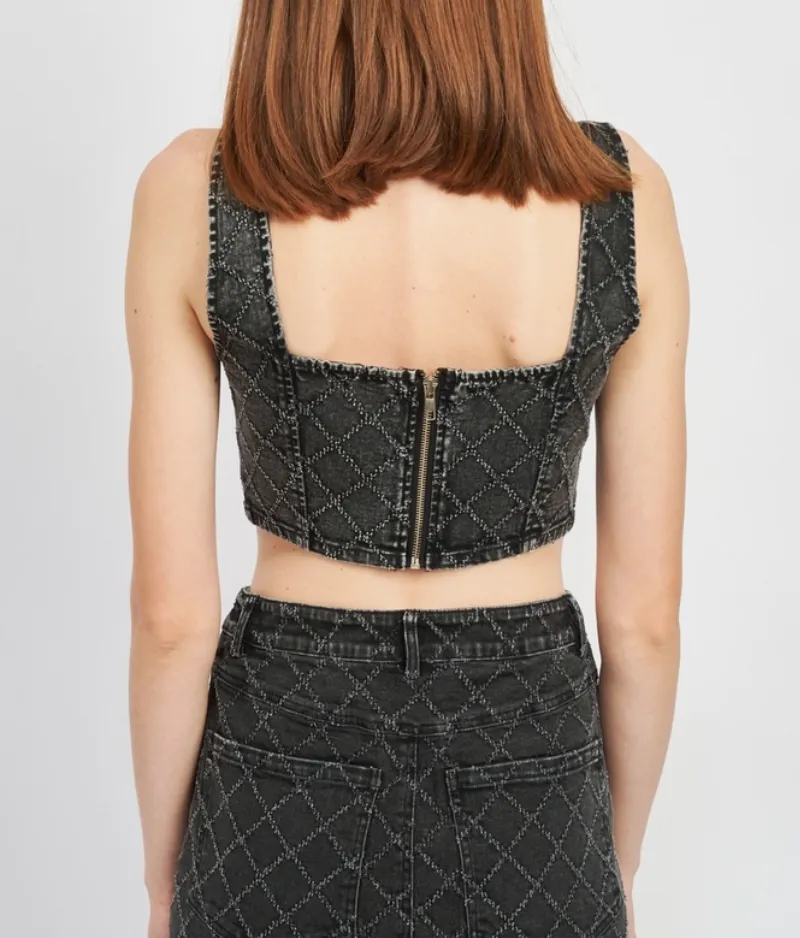Quilt Stitched Denim Crop Top