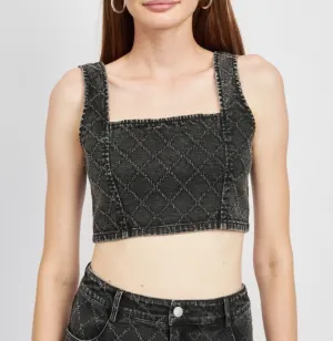 Quilt Stitched Denim Crop Top