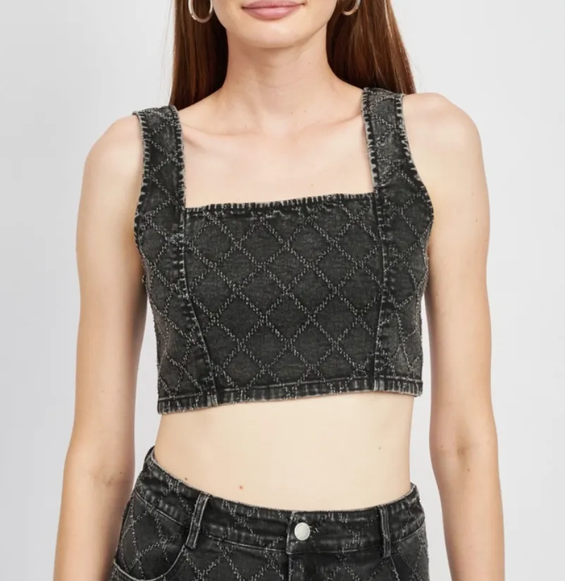 Quilt Stitched Denim Crop Top