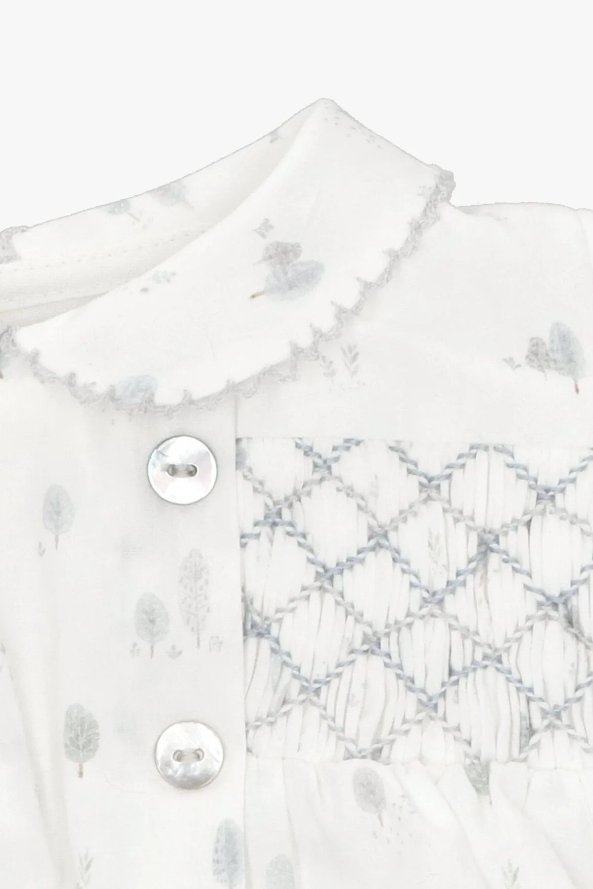 "Kori" Light Grey Tree Print Smocked Romper