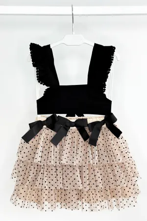 "Nuriyah" Black Crop Top & Beige Tulle Skirt