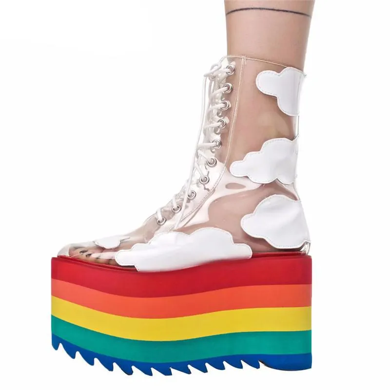 Rainbow High Heels Ankle Boots Ladies Height Increasing Party Shoes