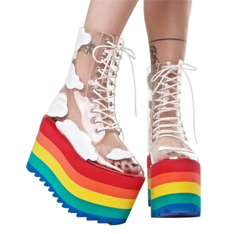 Rainbow High Heels Ankle Boots Ladies Height Increasing Party Shoes