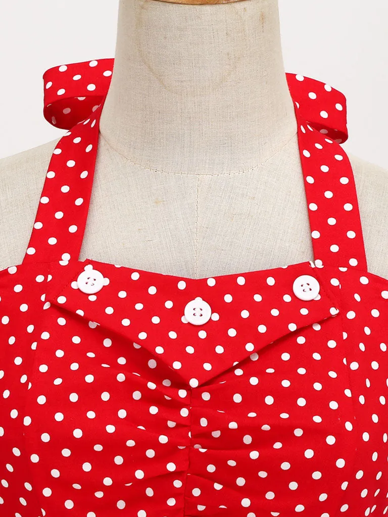 Red And White Polka Dots Vintage Halter 1950S Dress With Button