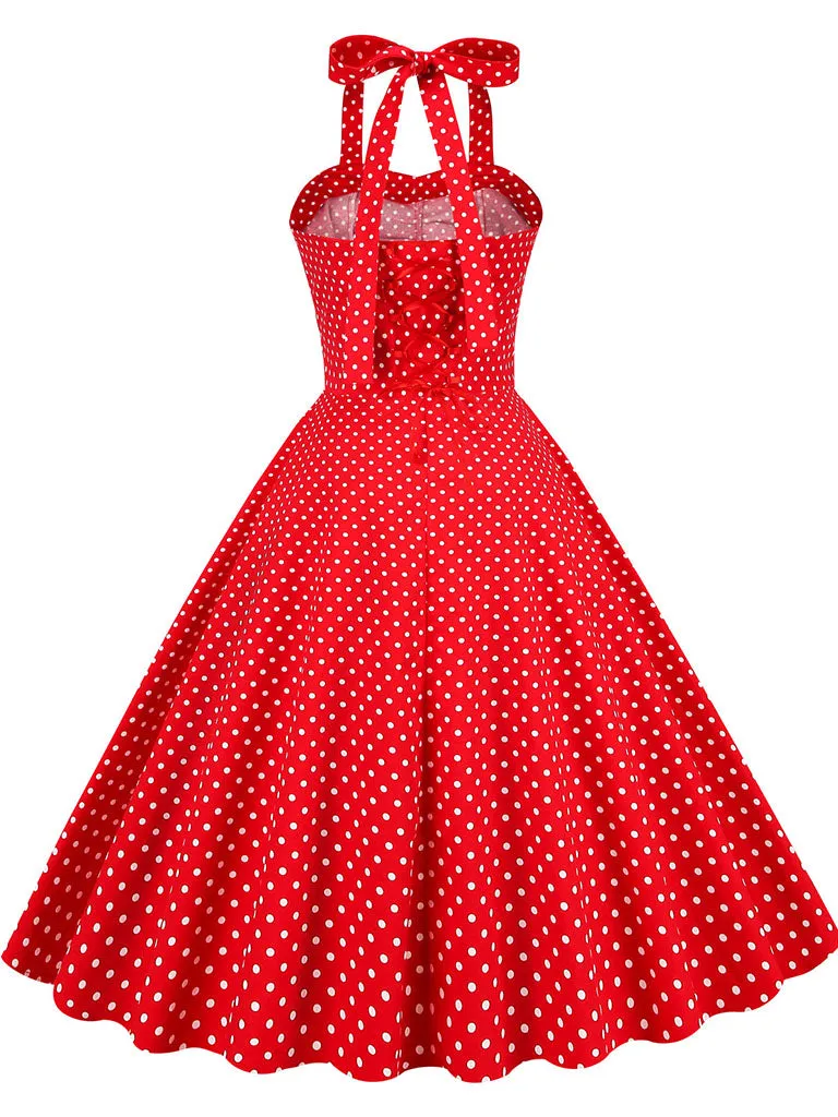 Red And White Polka Dots Vintage Halter 1950S Dress With Button
