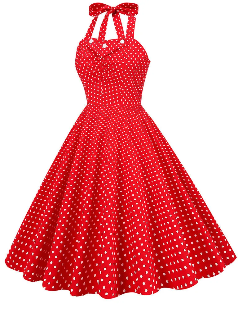 Red And White Polka Dots Vintage Halter 1950S Dress With Button