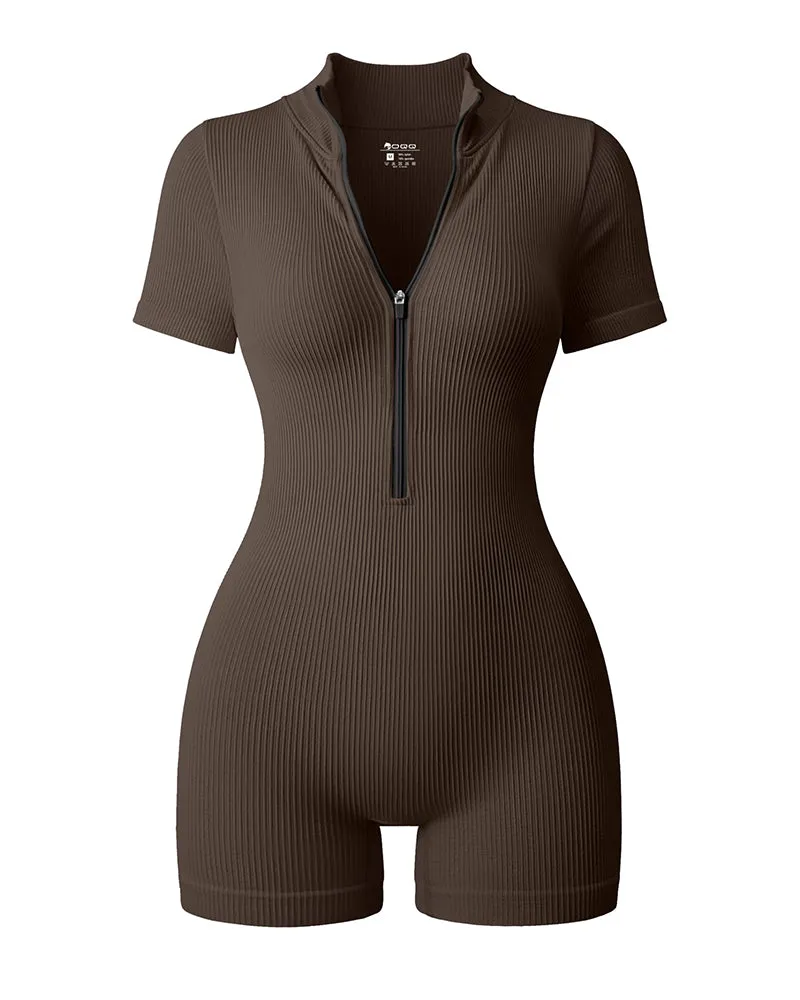 Ribbed Short Sleeve Zip Front Stretch Tummy Control Yoga Workout Rompers