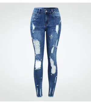 Ripped Jeans With Beads Women`s Plus Size Stretchy Torn Denim