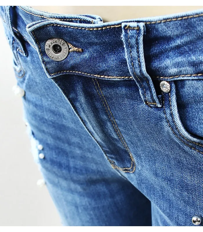 Ripped Jeans With Beads Women`s Plus Size Stretchy Torn Denim